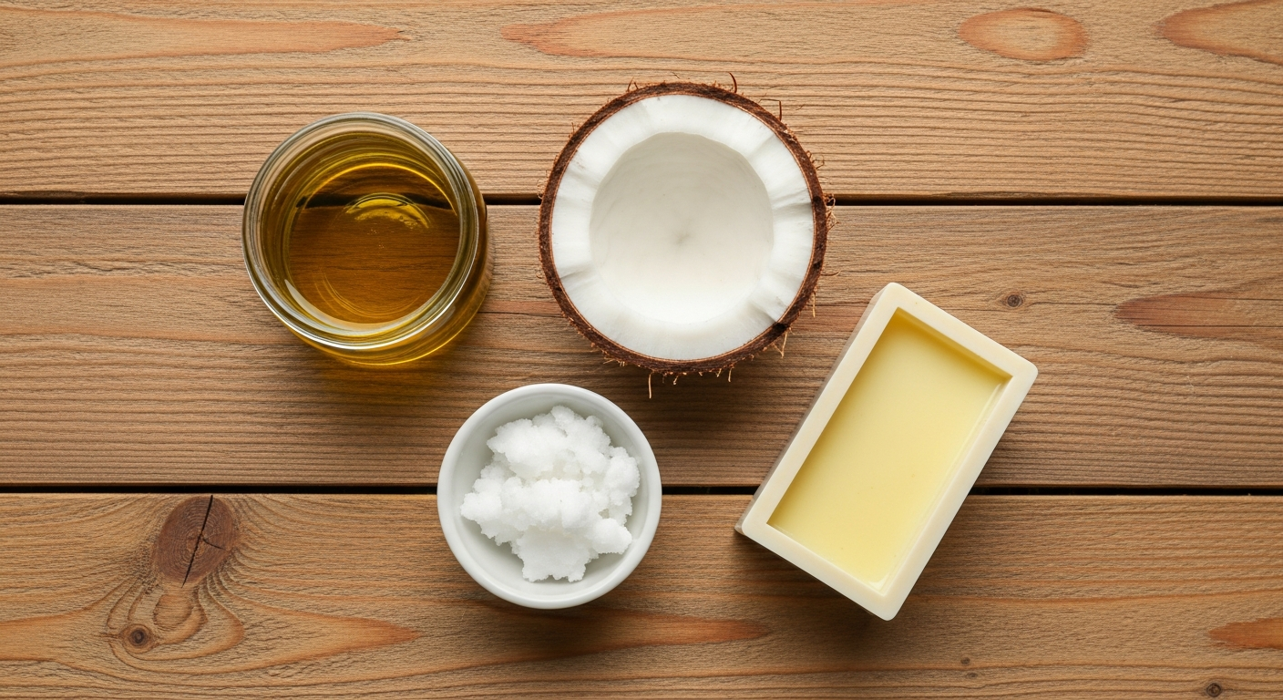 Overhead flat lay of soap making ingredients including olive oil, coconut oil, and a freshly poured soap bar in a mold on a rustic wood surface