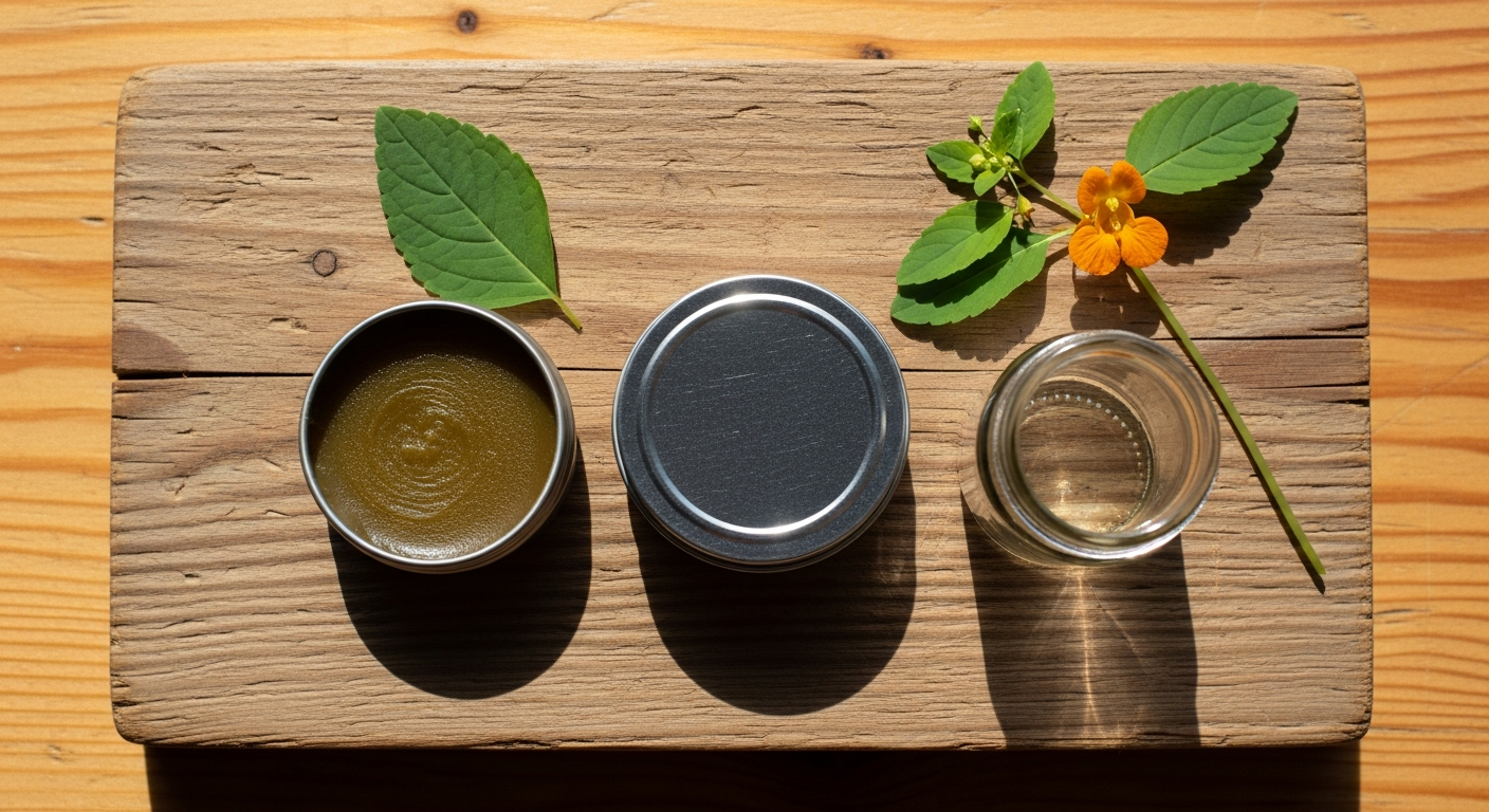 Homemade jewelweed salve in small metal tins and mason jar on rustic wood surface with orange flowers