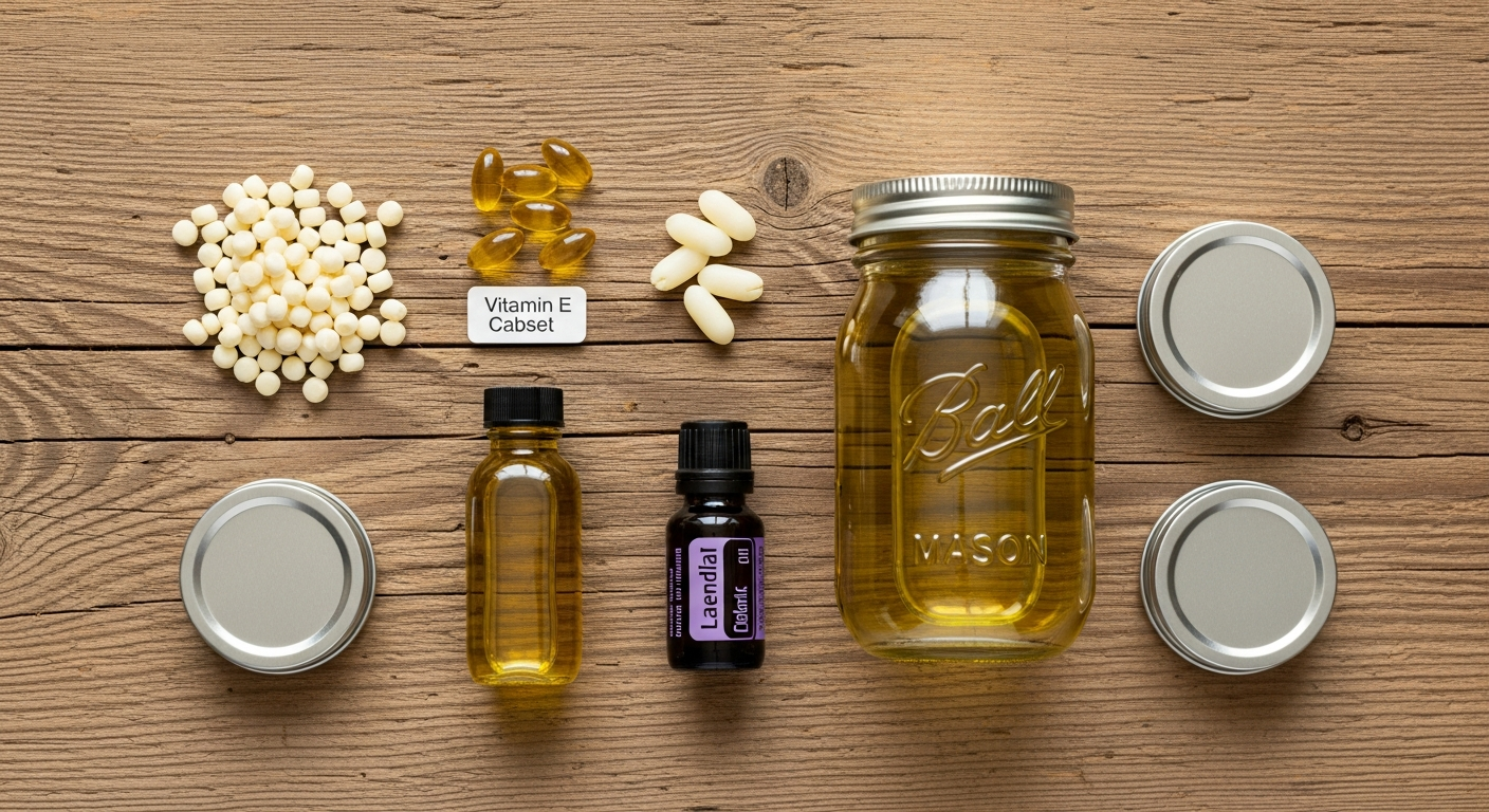 Jewelweed salve ingredients flatlay including beeswax pellets, vitamin E, olive oil, lavender essential oil, mason jar, and tins on wood