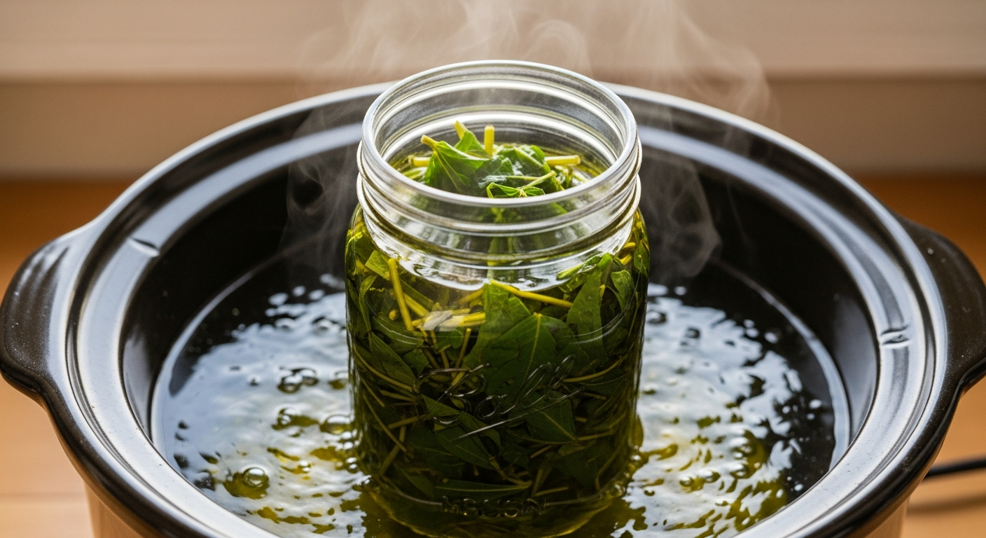Glass mason jar of fresh jewelweed infusing in olive oil in a crockpot water bath on a farmhouse kitchen counter