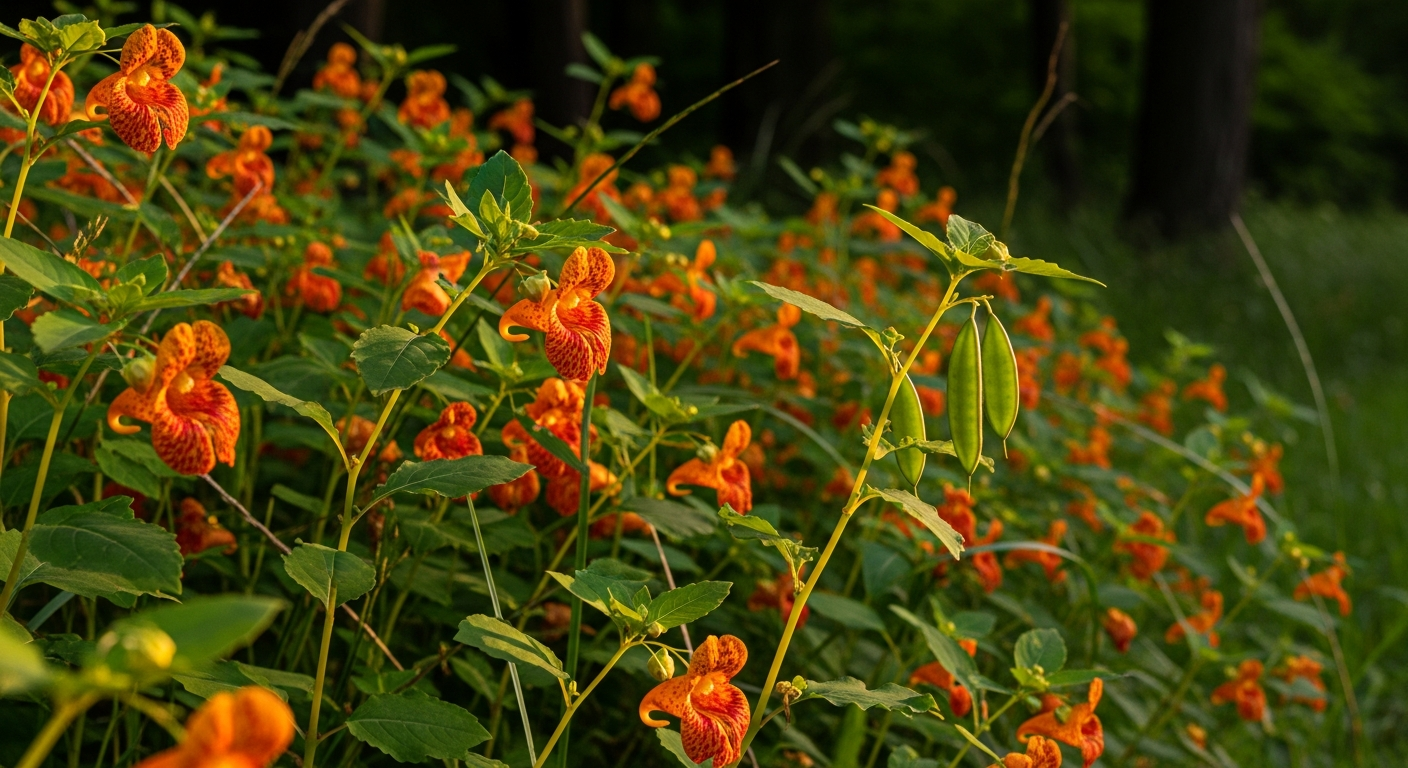 Wild jewelweed in bloom with orange spotted flowers and touch-me-not seed pods at woodland edge