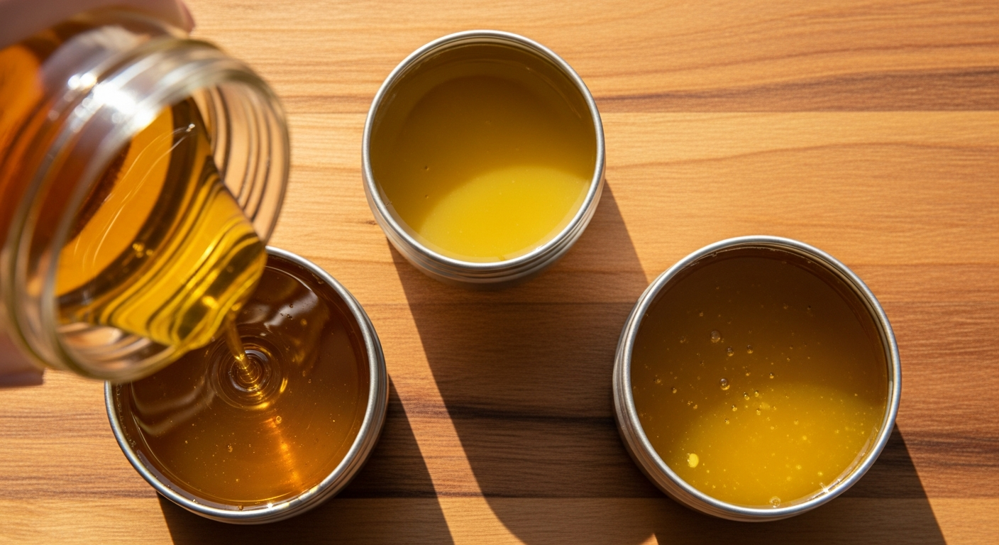 Pouring golden homemade jewelweed salve from a glass jar into small metal tins on a wood surface