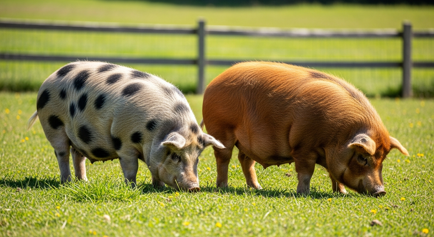 Two KuneKune pigs grazing on a lush green pasture showing their stocky build and calm grazing behavior