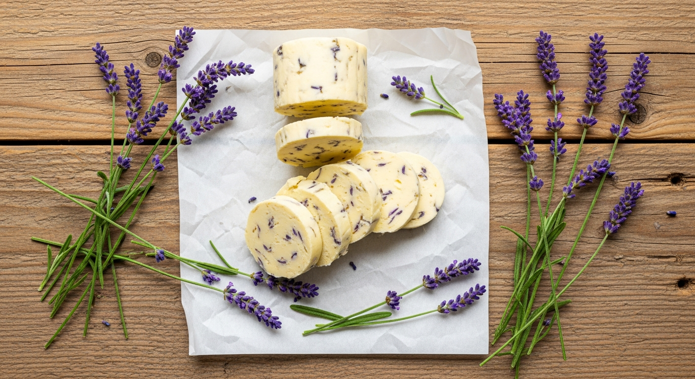 Sliced lavender butter log on parchment paper with fresh lavender sprigs on a rustic wood cutting board