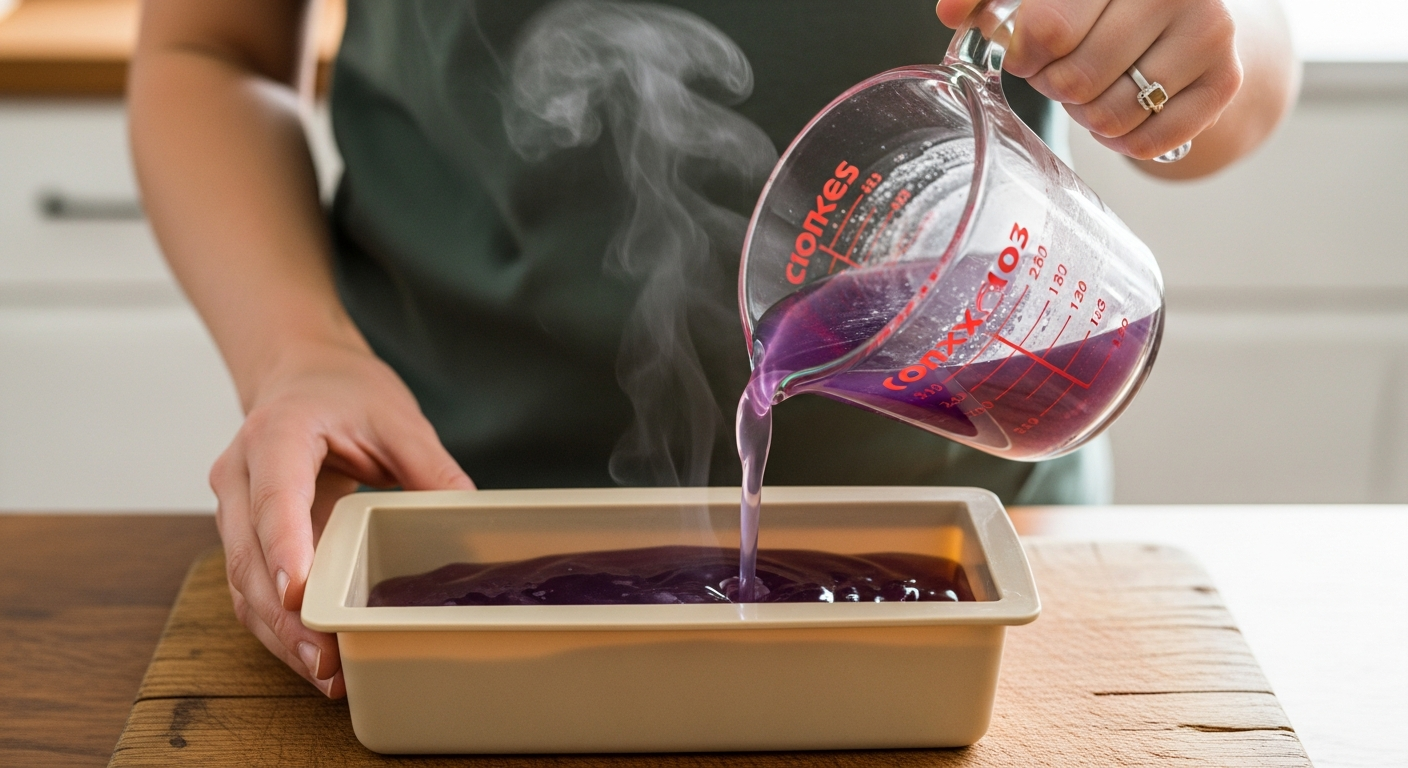Pouring lavender soap base into silicone mold to make handmade soap