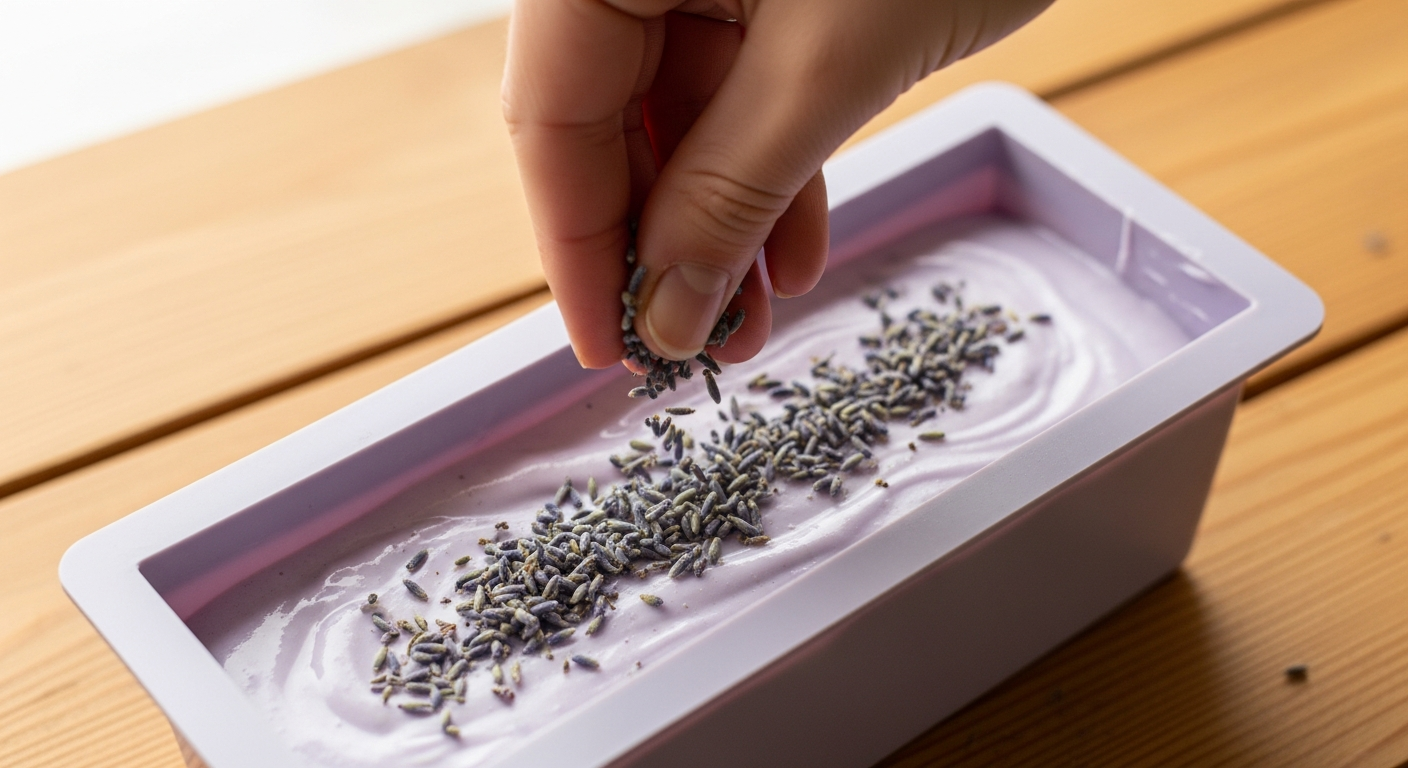 Hand sprinkling dried lavender buds onto freshly poured lavender handmade soap