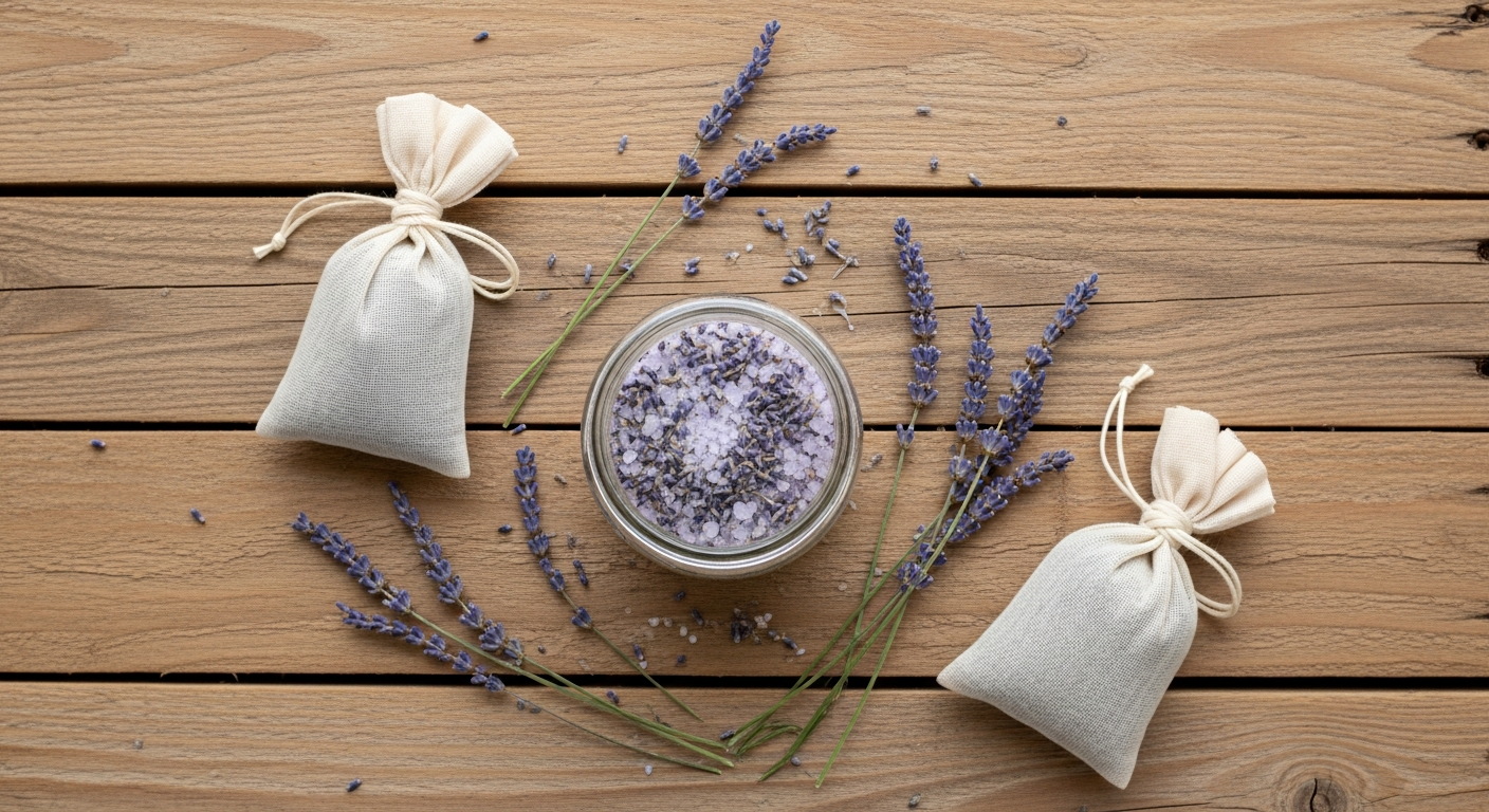 Lavender DIY projects including sachets and bath salts in a mason jar on rustic wood