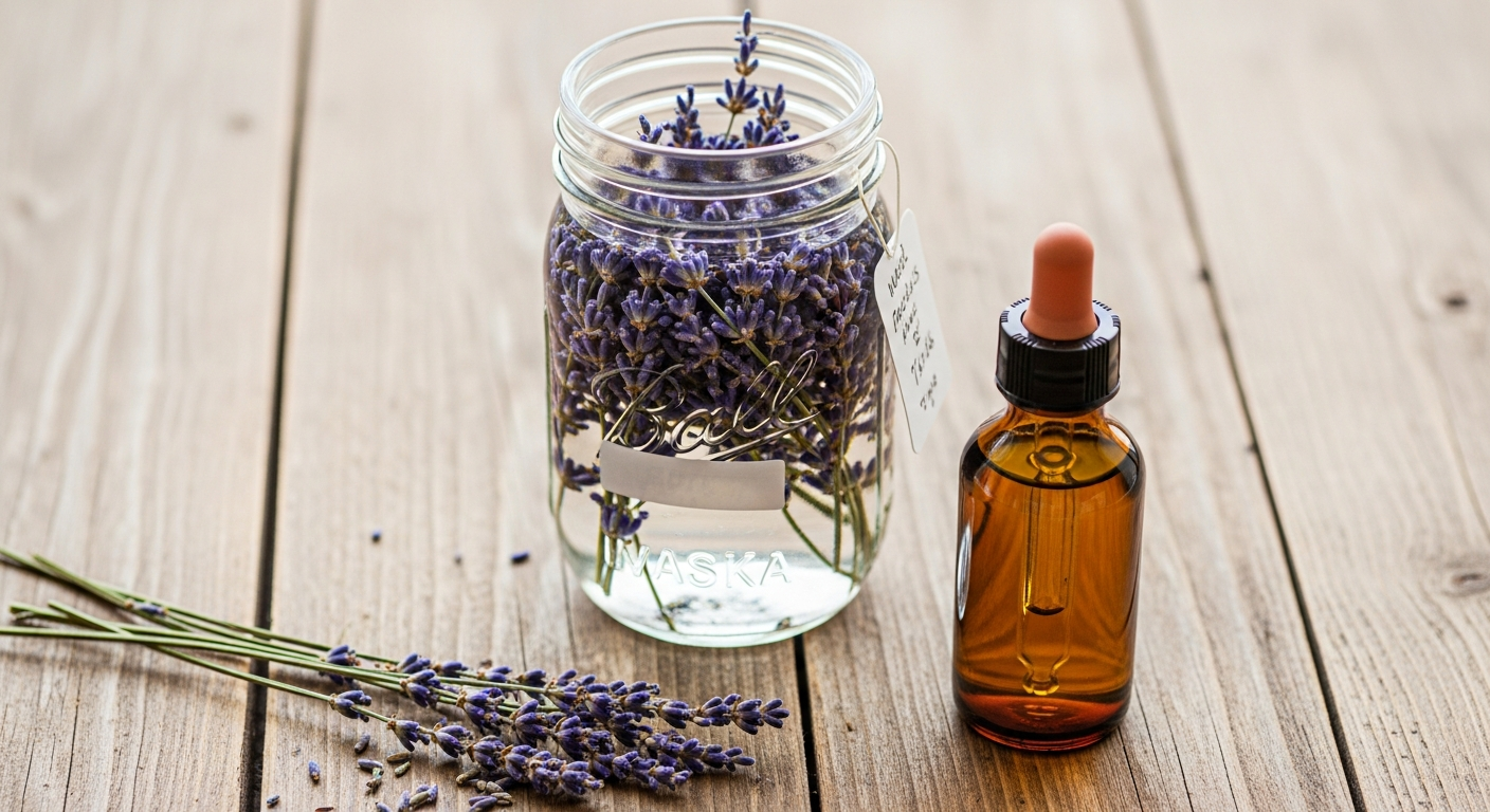 Dried lavender flowers steeping in vodka in a mason jar with amber dropper bottle on rustic wood