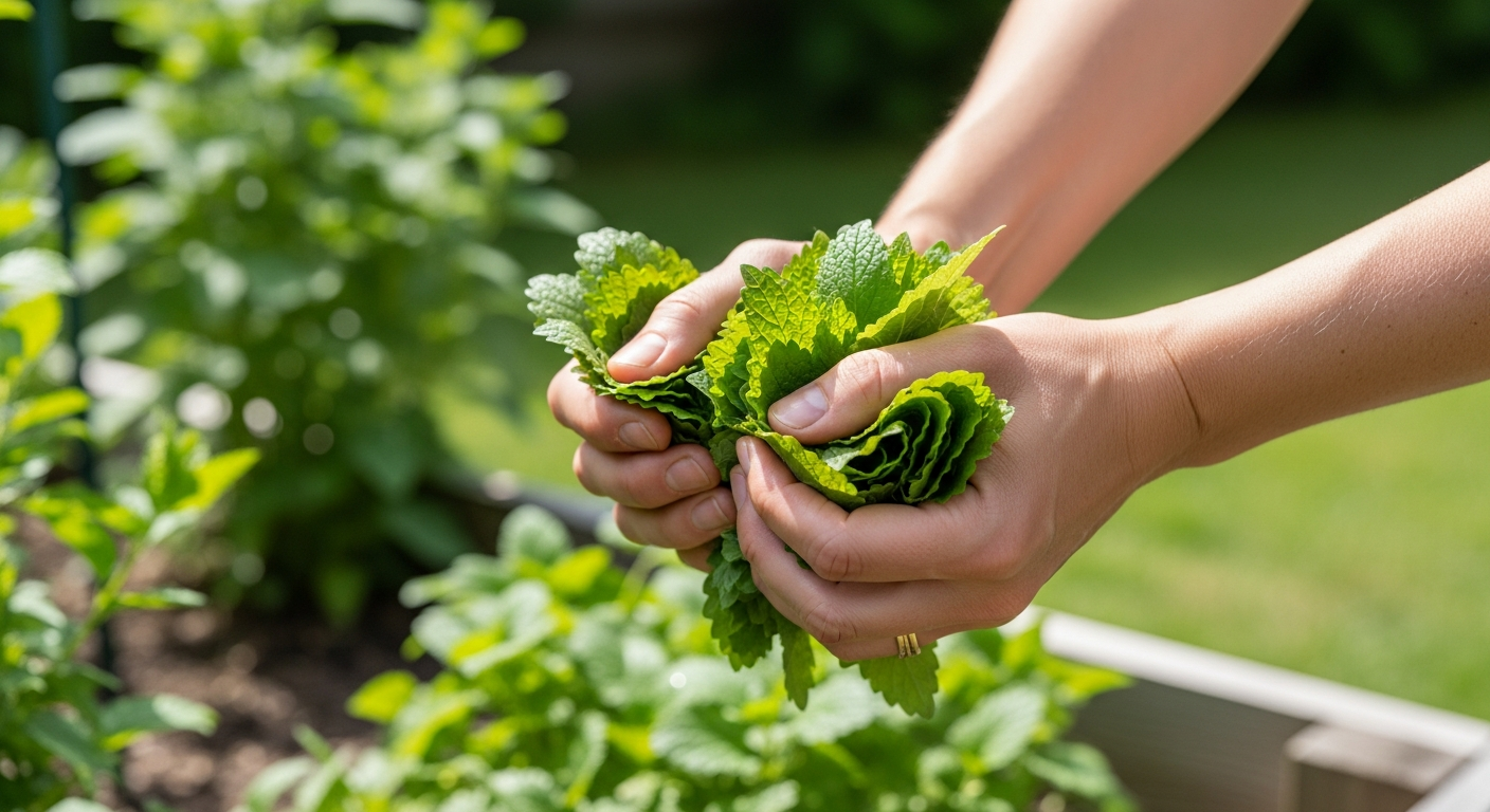 Hands crushing fresh lemon balm leaves in a summer herb garden to use as a natural mosquito repellent