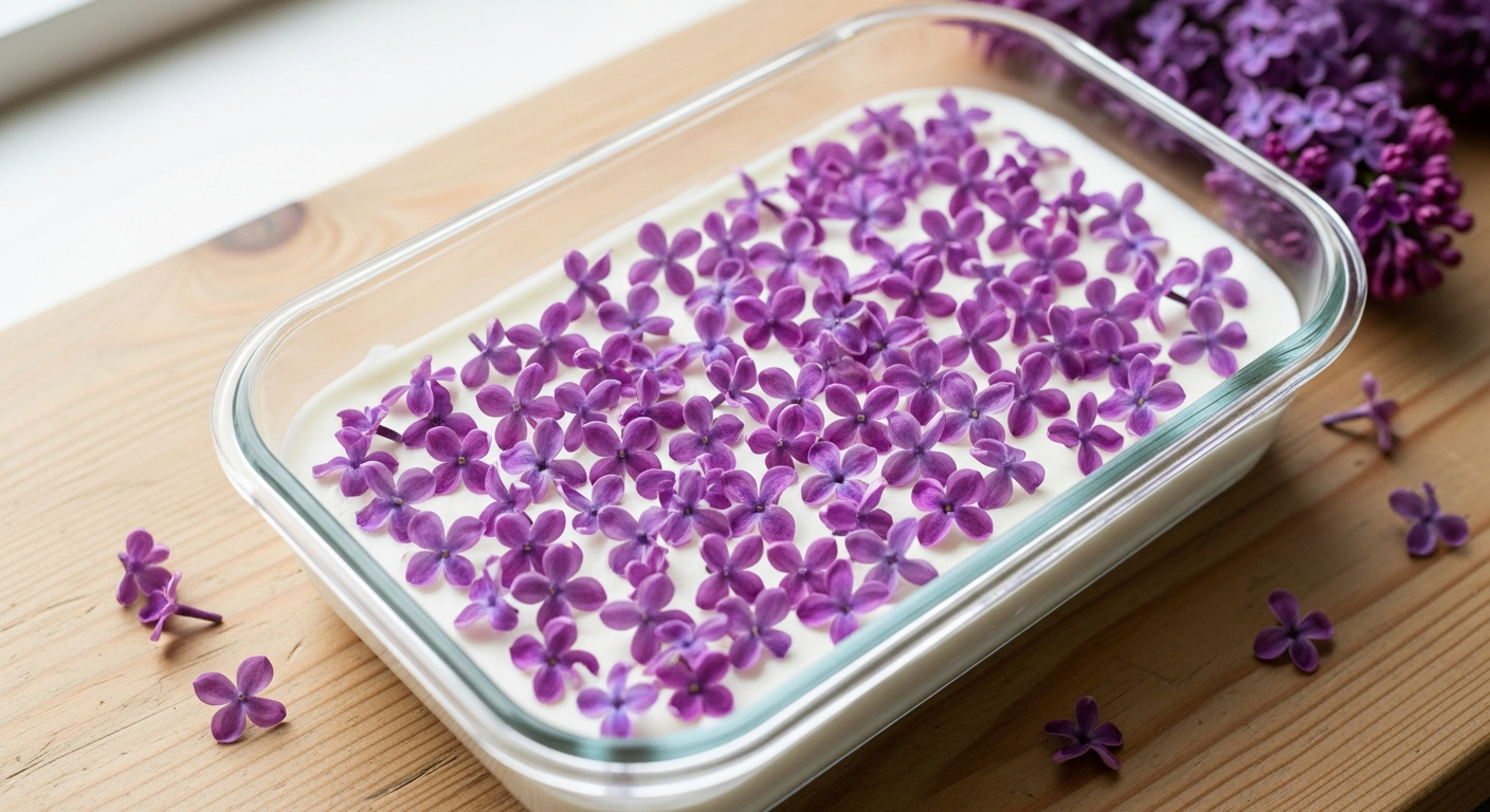 Wide glass container showing a thin layer of white fat topped with fresh purple lilac blossoms on a wooden surface