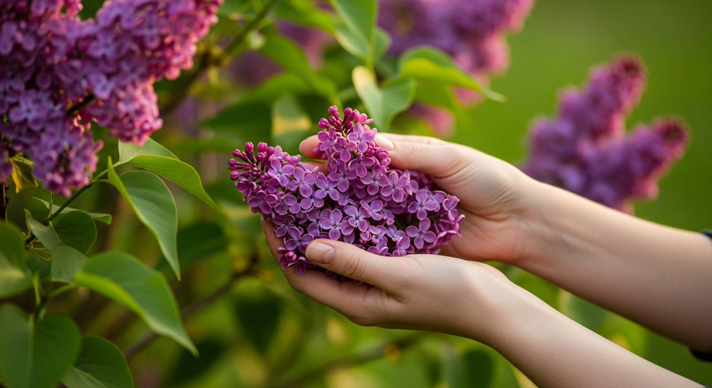 Hands harvesting fresh purple lilac clusters from a blooming bush in morning light