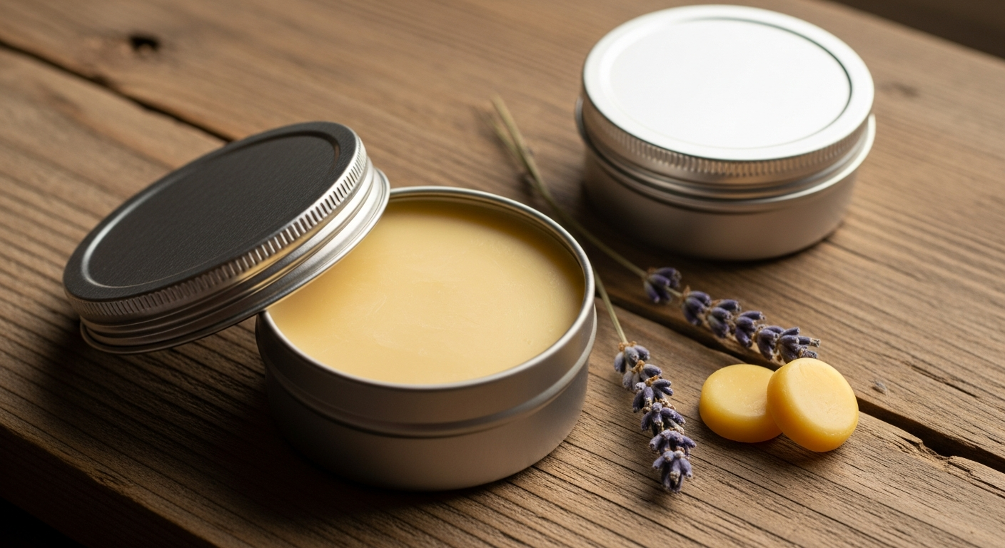 Finished homemade lotion bars in small round metal tins on a rustic wood surface
