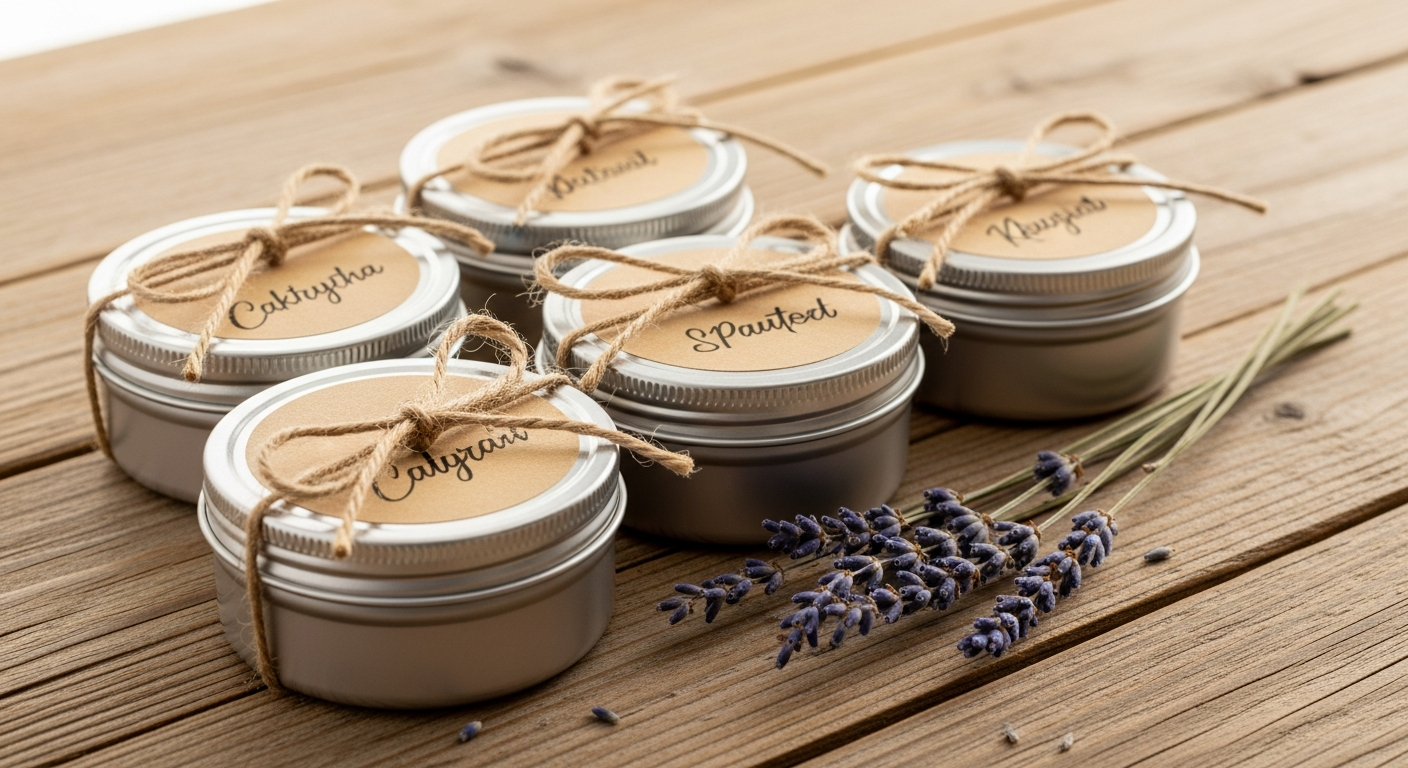Small metal tins of homemade lotion bars tied with twine as handmade gifts