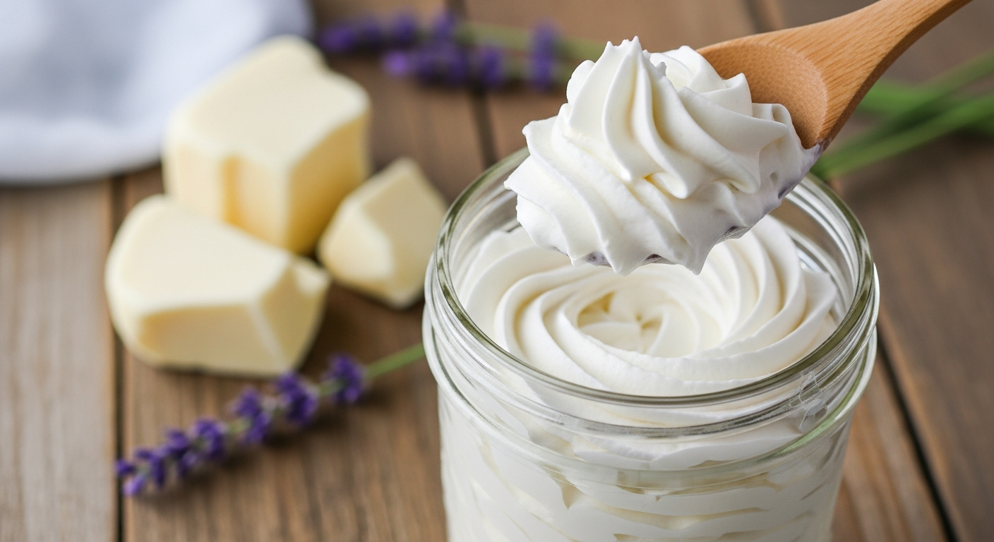 Scooping whipped homemade body butter from a glass mason jar with a wooden spoon