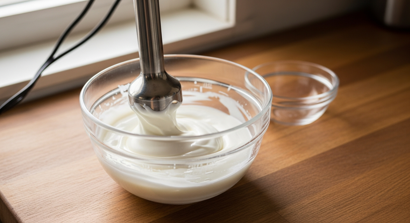 Immersion blender mixing homemade lotion in a glass bowl as the emulsification process begins