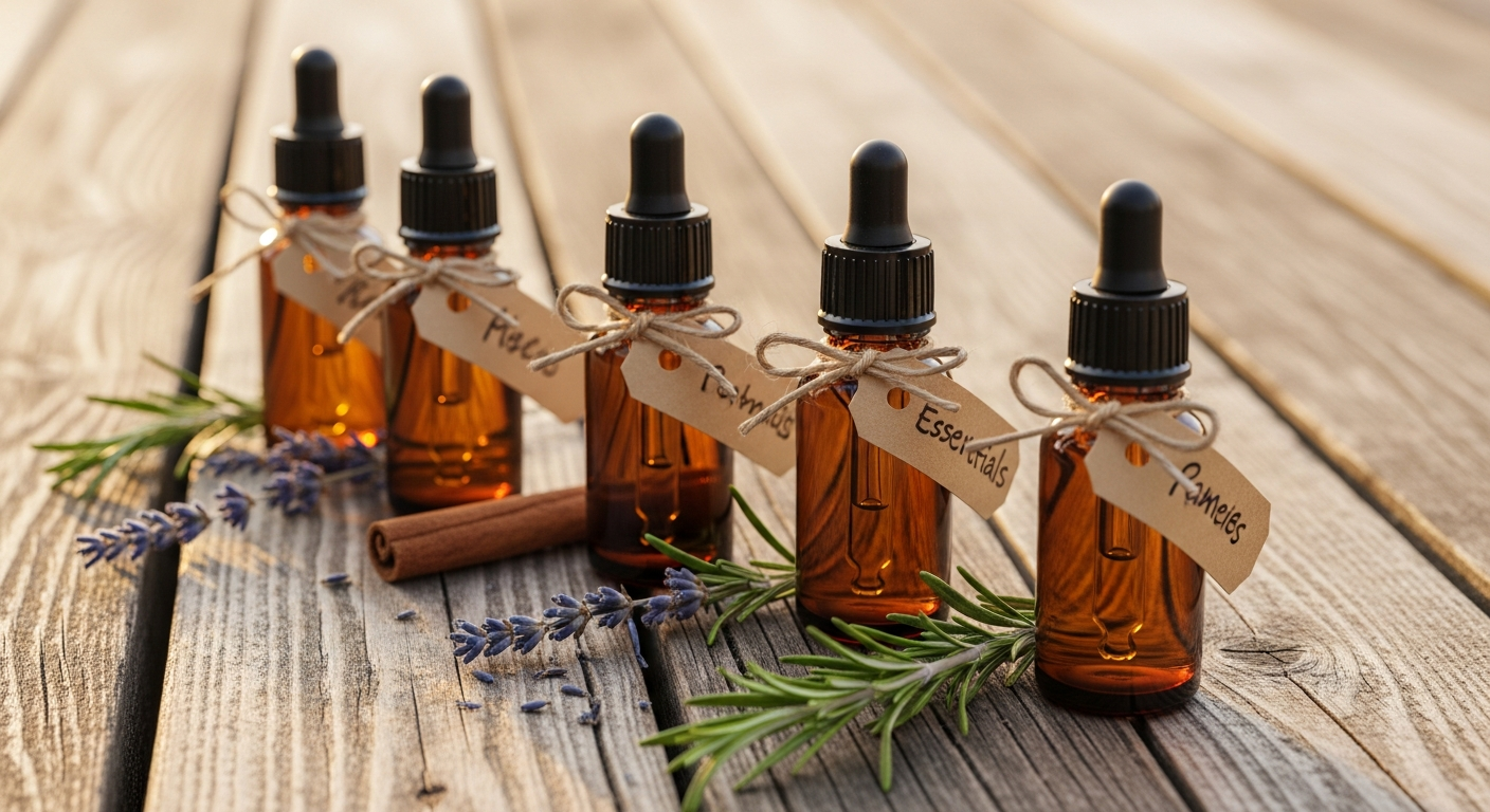 Five amber essential oil bottles in a row on rustic wood with kraft paper labels and dried herb sprigs beside them