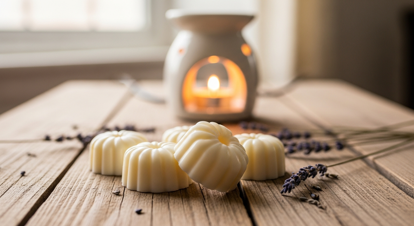 Creamy white soy wax melts on a rustic wood surface with an electric wax warmer glowing softly in the background and <a href=