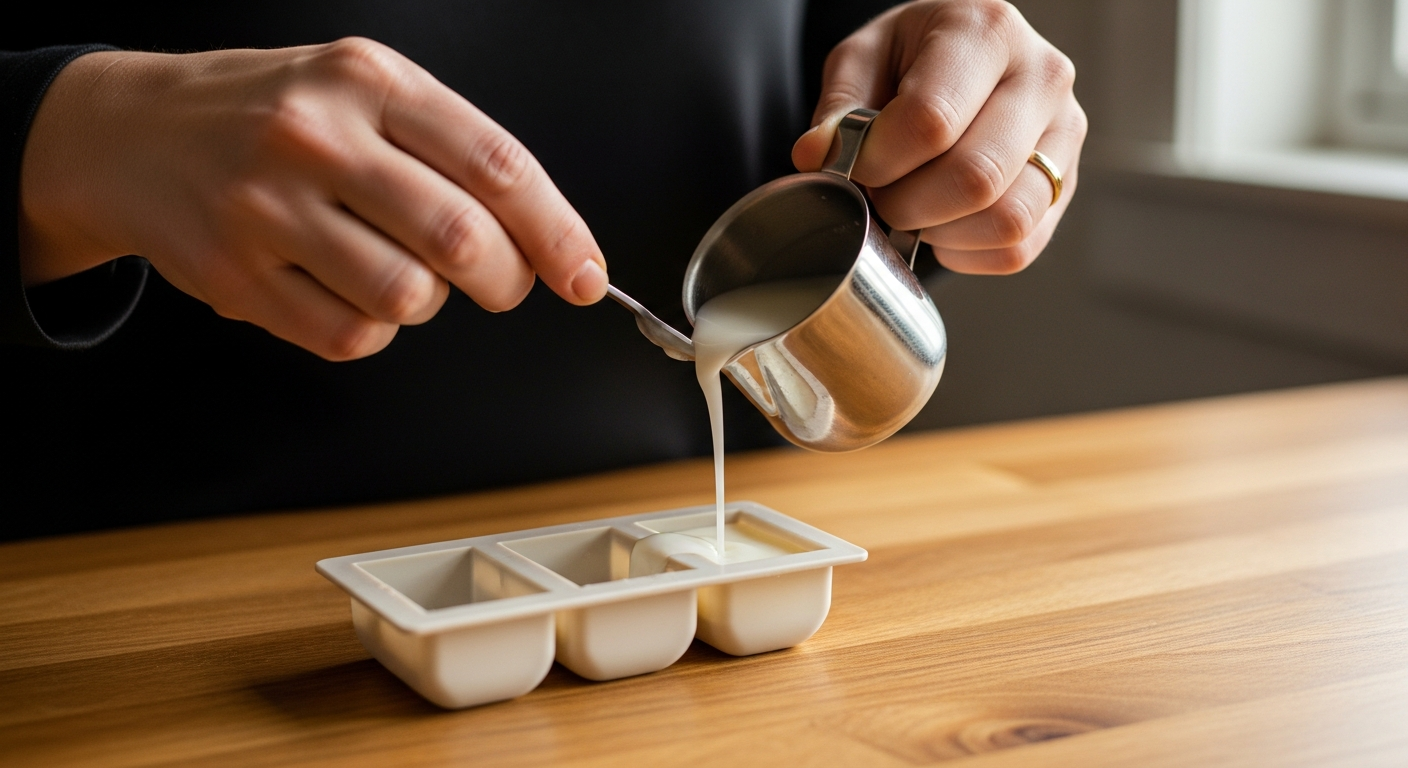 Woman's hands pouring melted white soy wax from a pitcher into a silicone wax melt mold on a wooden kitchen table