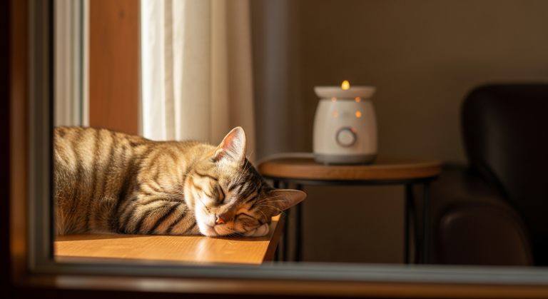 Tabby cat sleeping near a sunny windowsill with a small electric wax warmer visible softly in the background