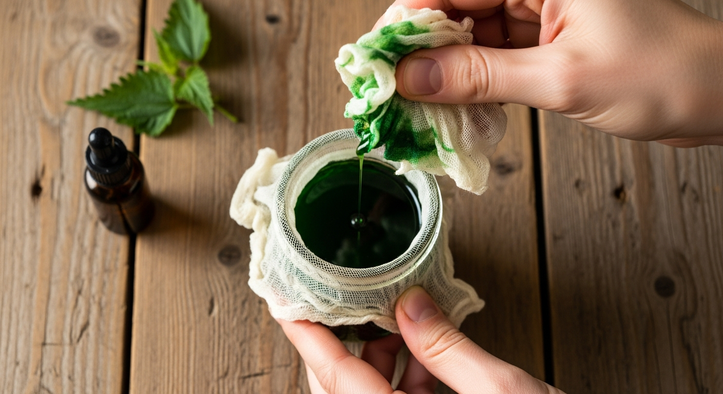 Hands squeezing cheesecloth over a glass jar, dark green nettle tincture dripping through