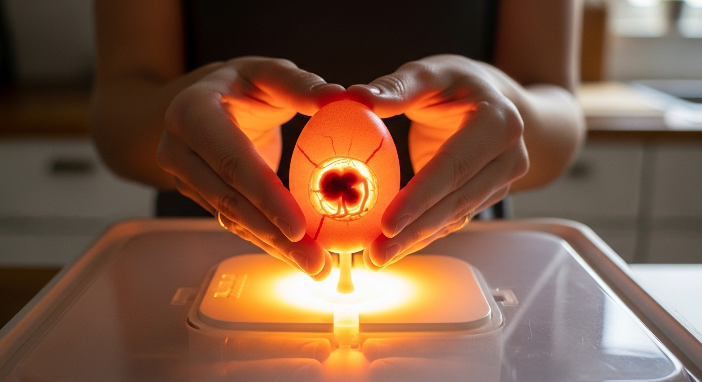 Hands candling a chicken egg over the built-in Nurture Right 360 LED light showing veining development