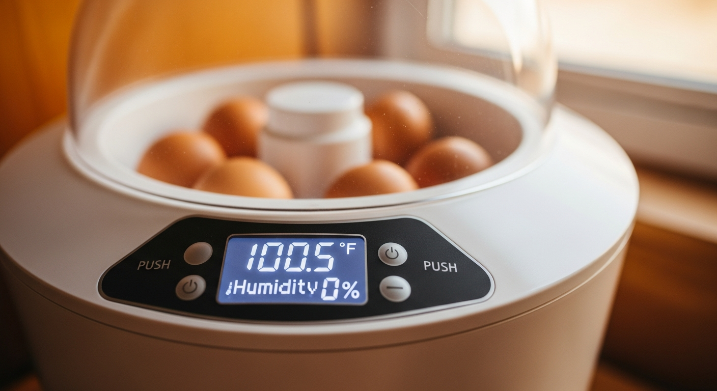 Nurture Right 360 digital display panel showing temperature reading for egg incubation