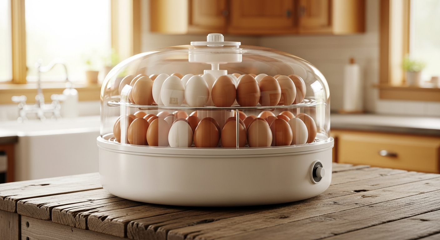 Nurture Right 360 incubator with eggs visible through the 360 degree viewing window on a farmhouse countertop