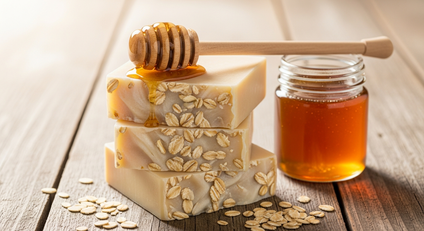 Handmade oatmeal and honey soap bars stacked on rustic wood with honey dipper and scattered oats