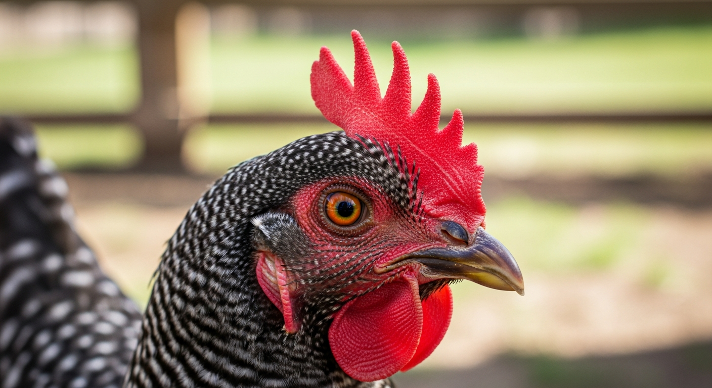 Close-up of a healthy bright red comb on a Barred Rock hen showing what a normal chicken comb looks like