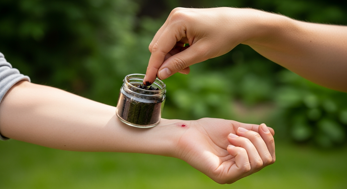 A hand applying a small amount of dark pine tar salve from a glass jar to a bug bite or minor wound on an arm, photographed outdoors in natural light