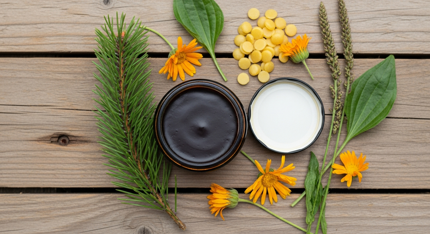 Pine tar salve in a small glass jar surrounded by a pine branch, beeswax pellets, and dried herbs on a weathered wood surface