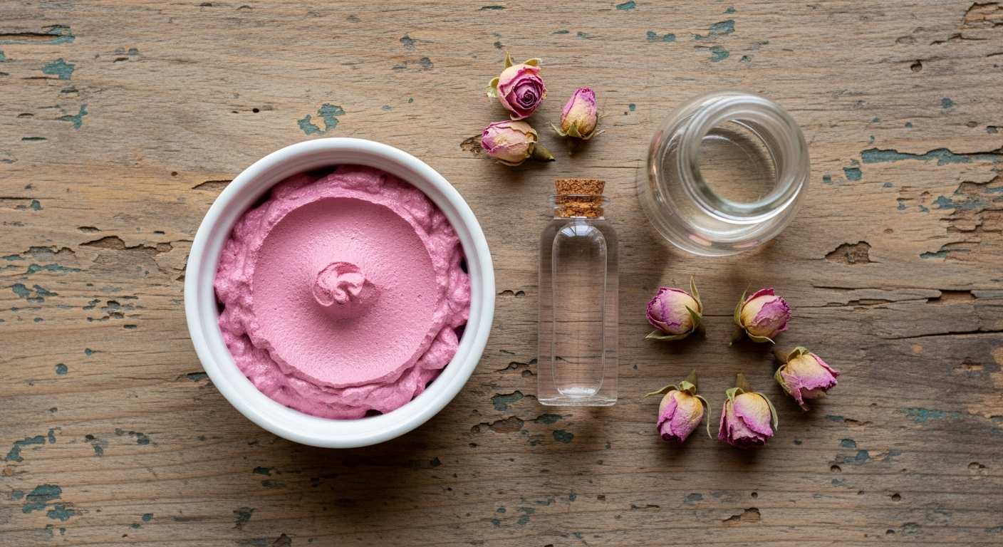 Smooth pink clay paste in a white ceramic ramekin with rose water and dried rosebuds on a rustic wood surface