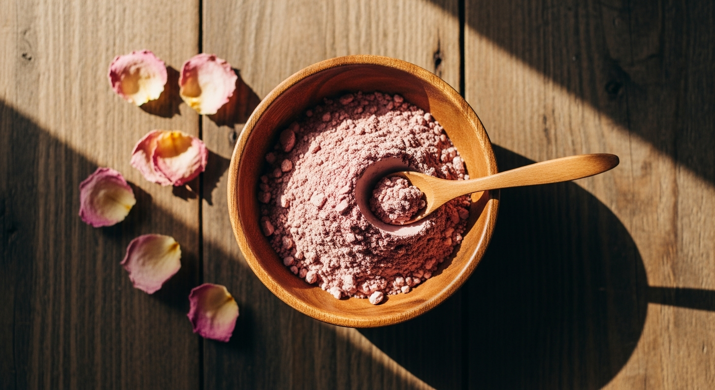Soft pink cosmetic clay powder in a wooden bowl with a wooden spoon and dried rose petals on a rustic wood surface