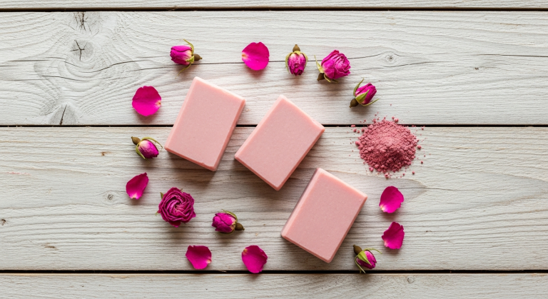 Three handmade pink clay soap bars with dried rose petals on a weathered wood plank surface