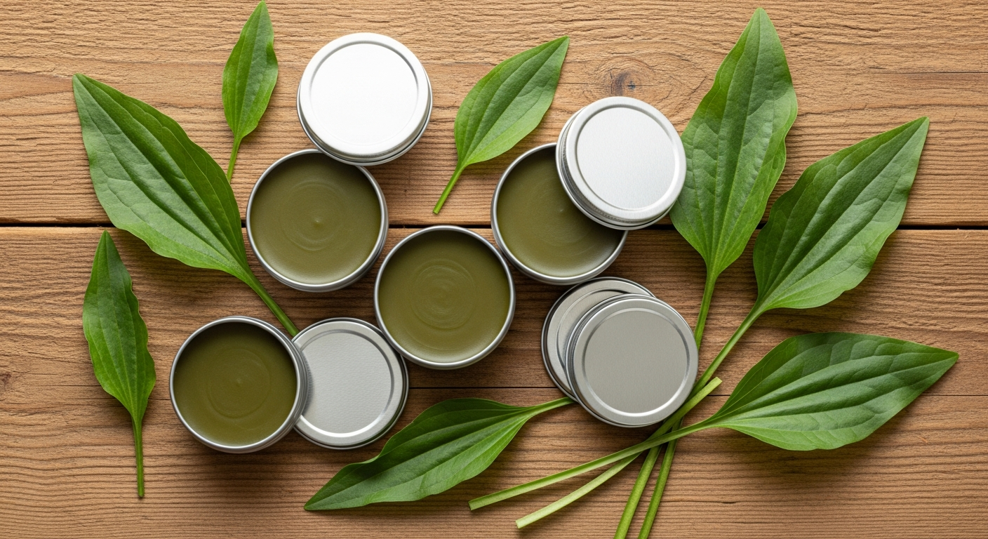 Small metal salve tins of dark green plantain salve arranged on a weathered wood surface with fresh broadleaf plantain leaves