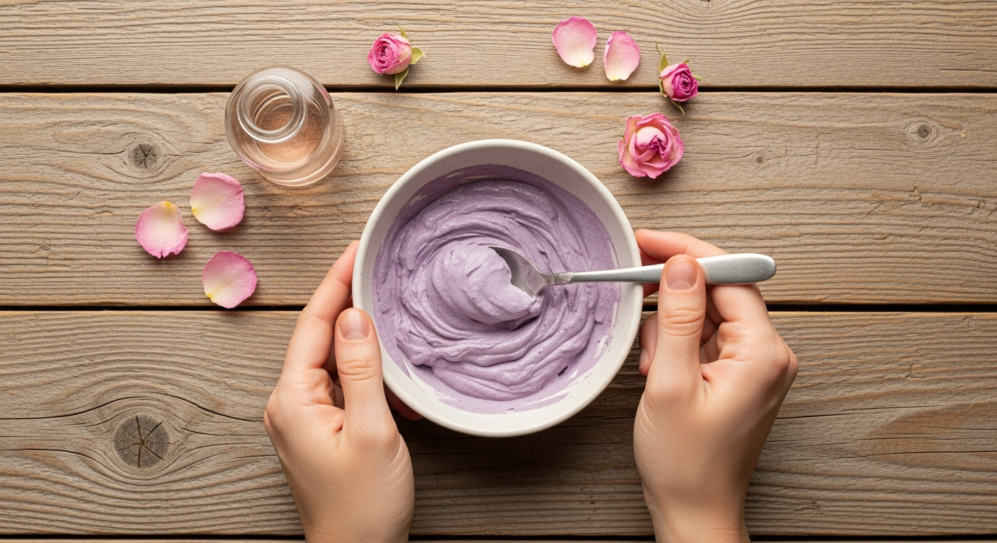 Hands mixing purple Brazilian clay powder with rose water in a small ceramic bowl