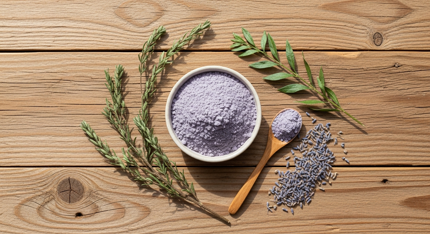 Purple Brazilian clay powder in a ceramic bowl on a rustic wood surface with dried botanicals