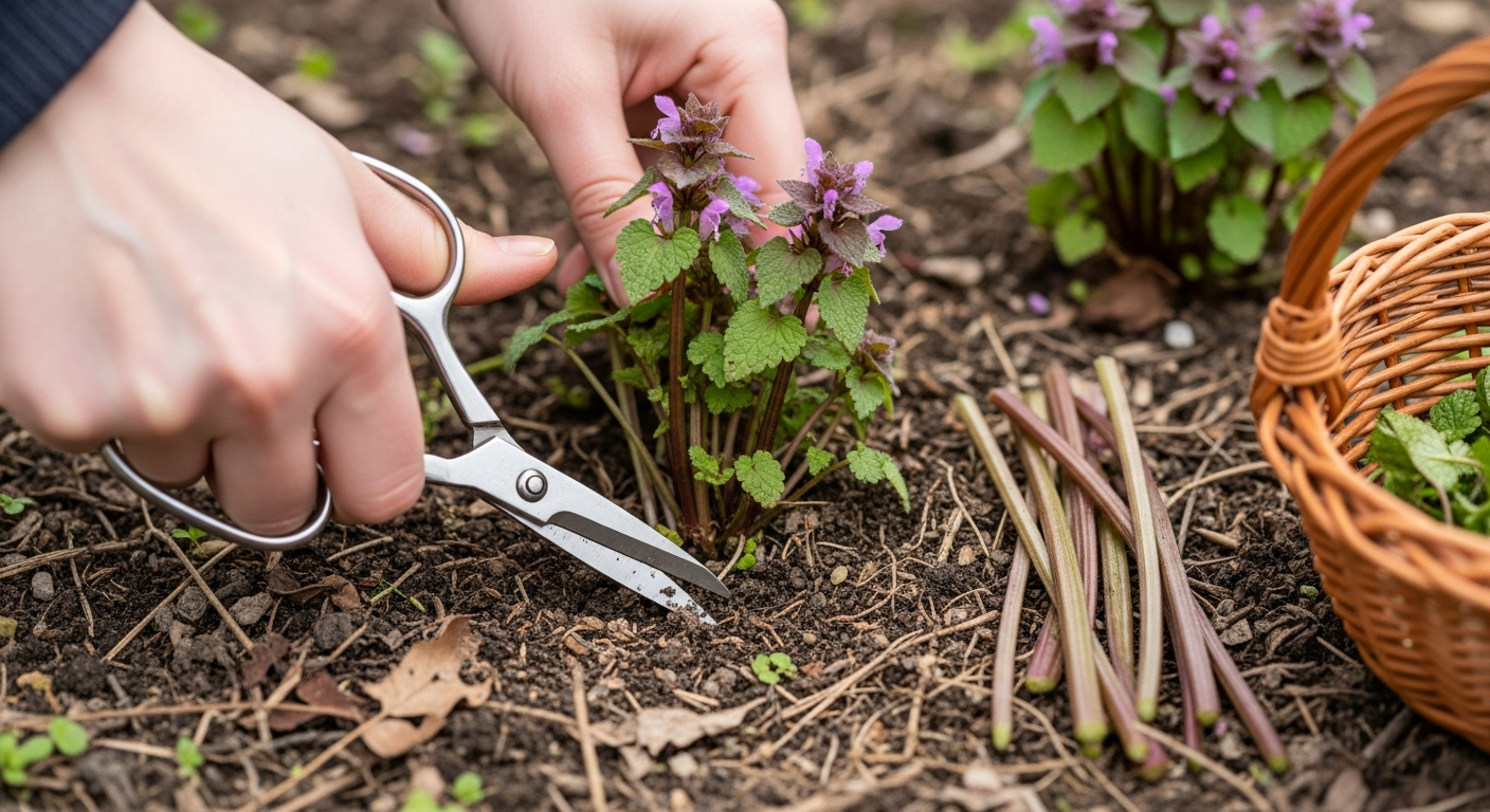 Harvesting purple dead nettle medicinal uses — scissors snipping fresh stems at ground level in early spring garden