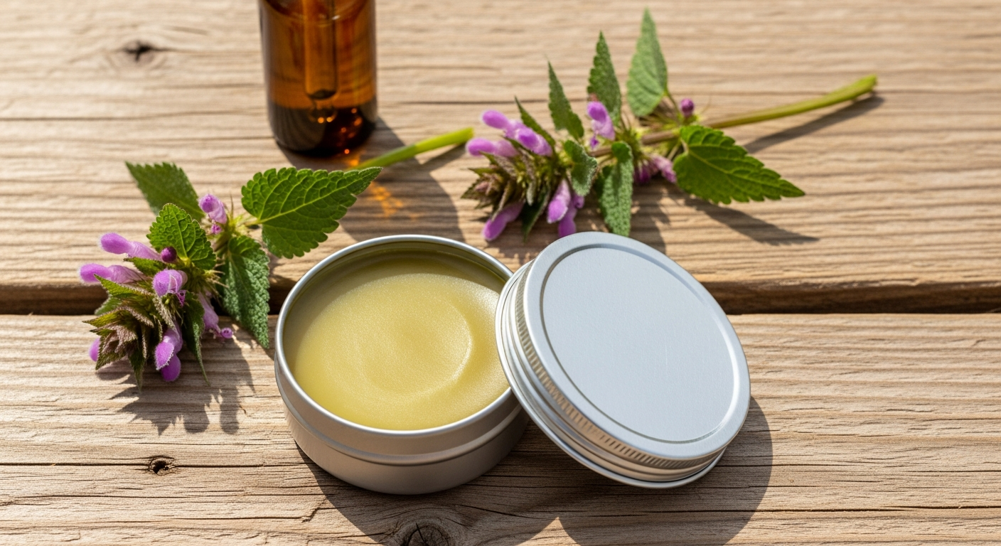 Homemade purple dead nettle salve tin open on rustic wood surface with fresh herb sprigs alongside