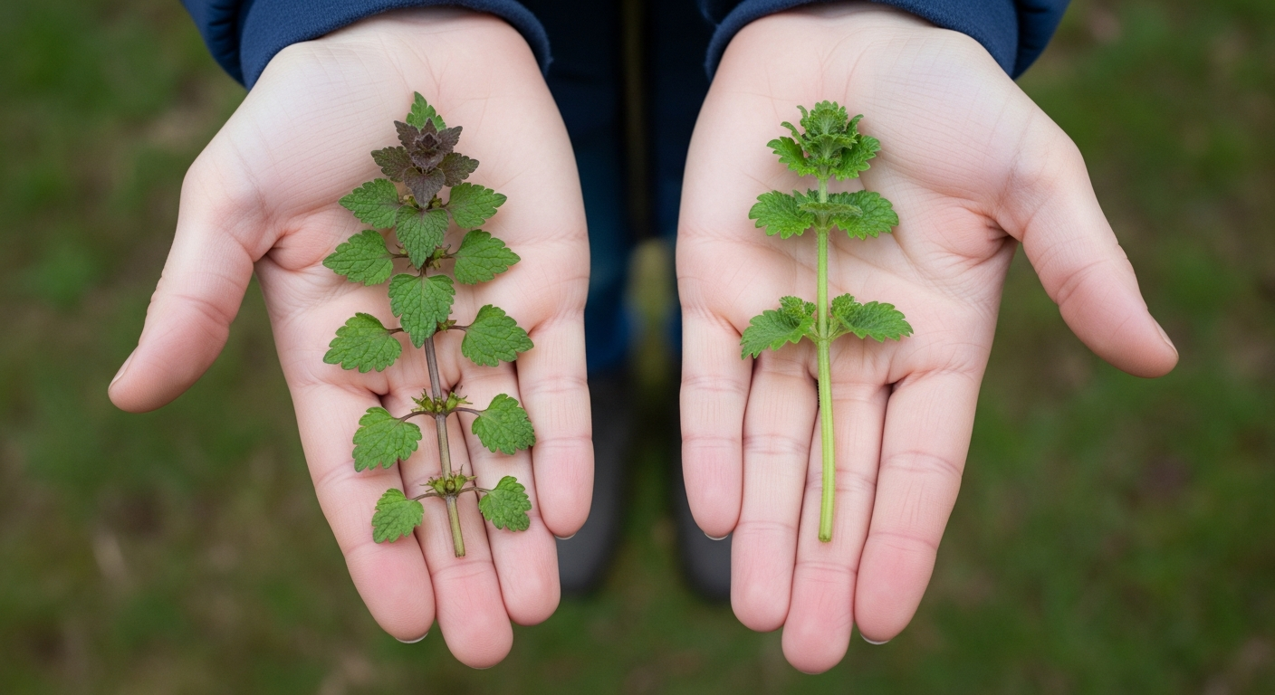 Purple dead nettle versus henbit side-by-side comparison showing the key leaf attachment difference