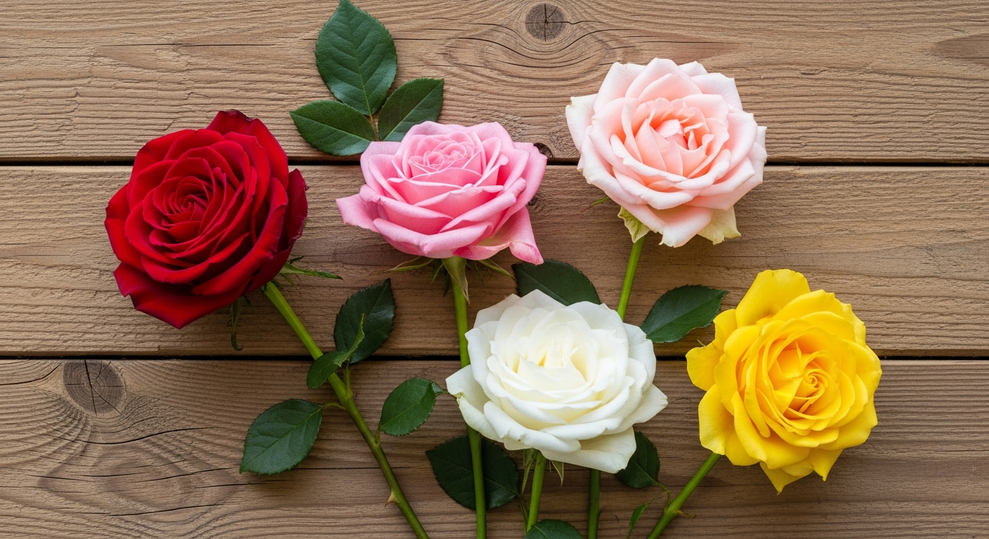 Overhead flat lay of rose and honeysuckle birth flowers in red pink white and yellow on rustic wood