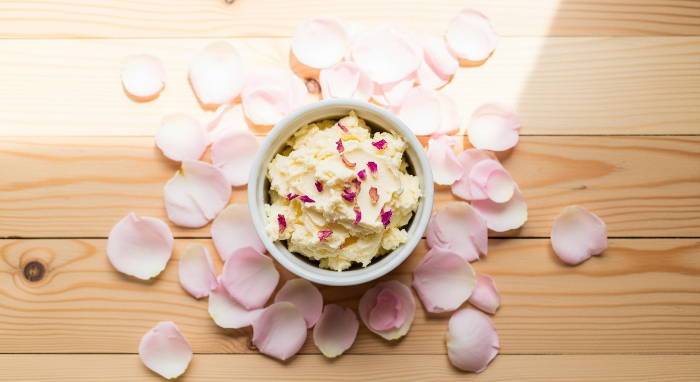 Rose butter in a small white ramekin surrounded by fresh pink rose petals on a light wood surface
