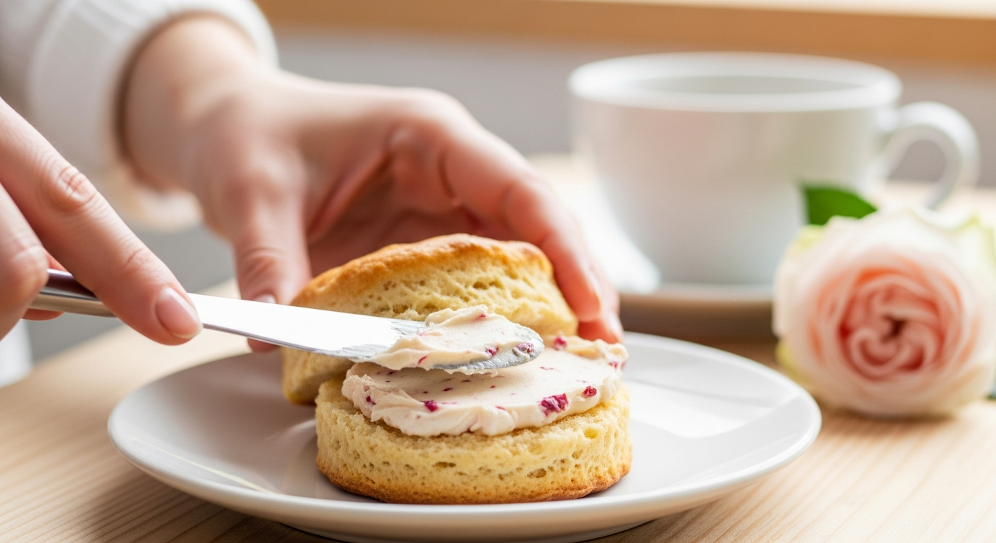 Hands spreading rose butter on a warm golden scone with a teacup in the soft background