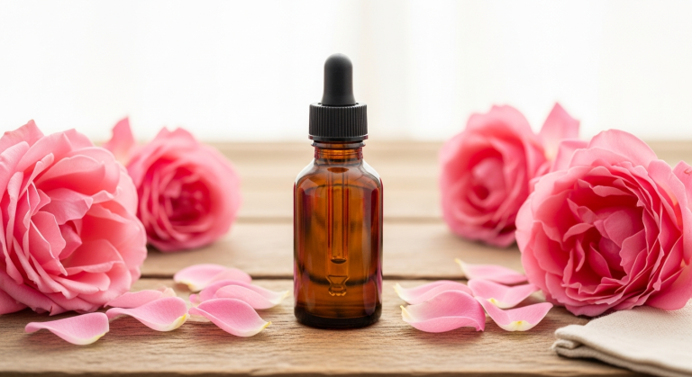 Small amber glass dropper bottle of homemade rose petal oil next to fresh pink garden roses on a wood surface