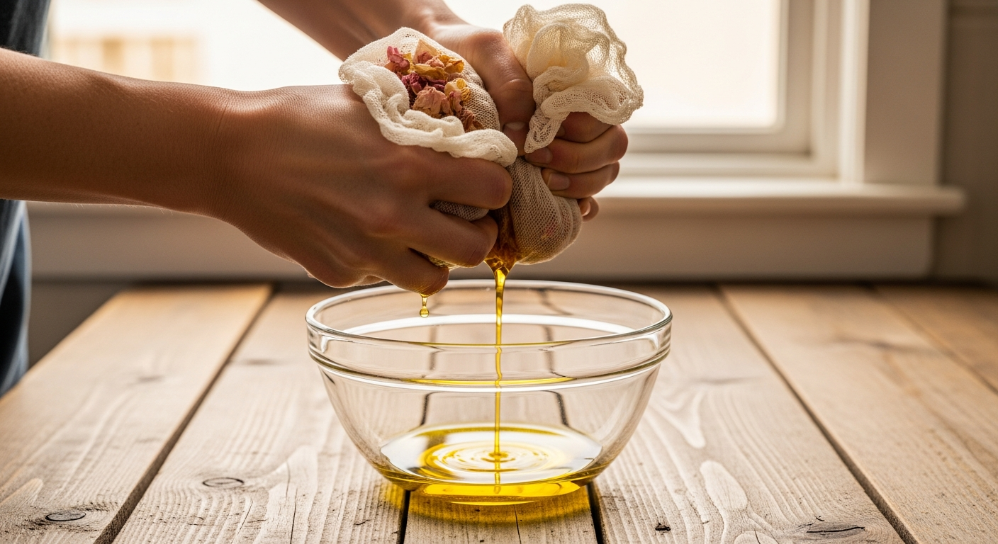 Hands squeezing spent rose petals through cheesecloth as golden rose petal oil drips into a glass bowl