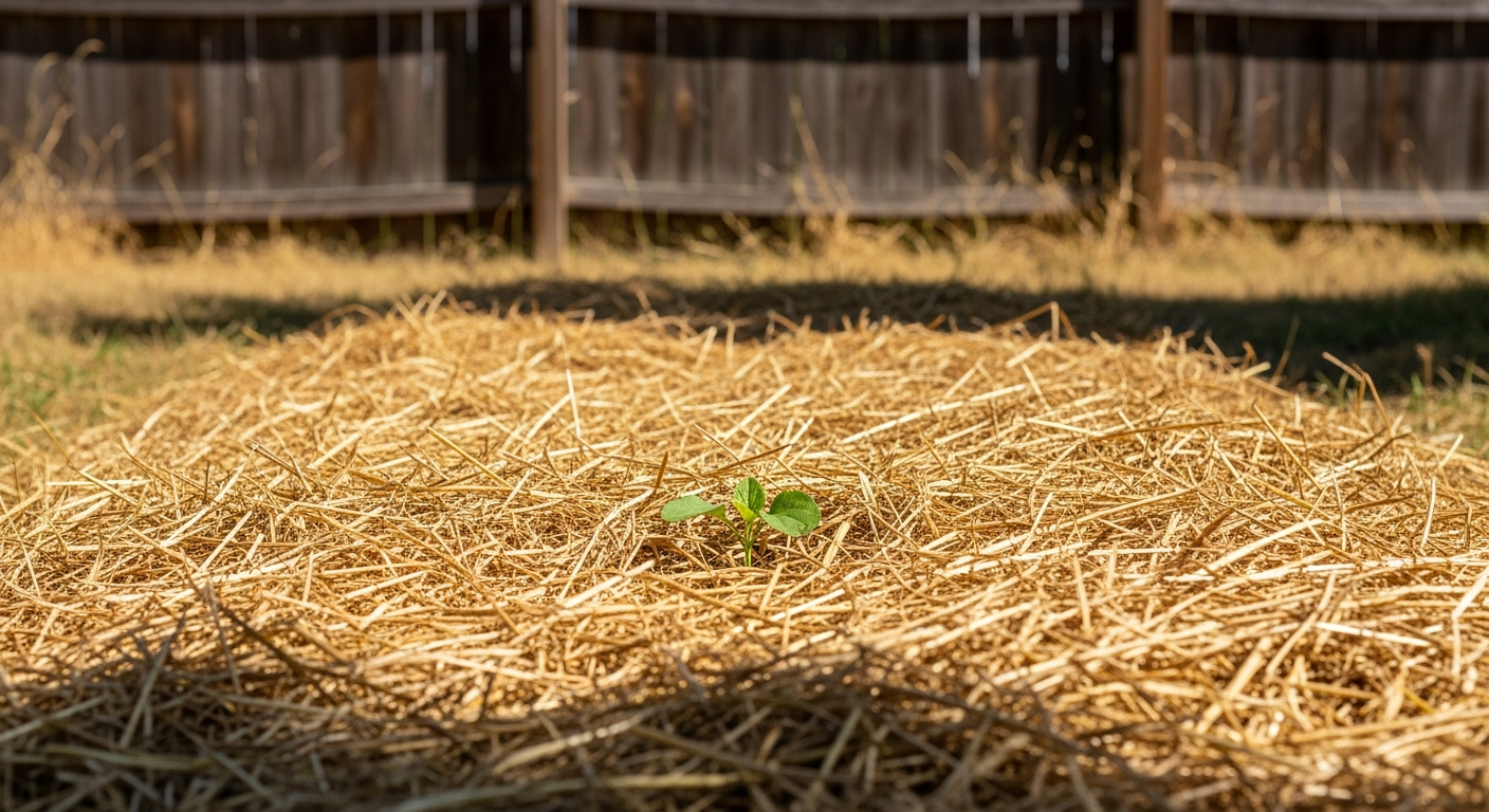 Hay-mulched garden bed with a small green seedling pushing through the thick golden straw
