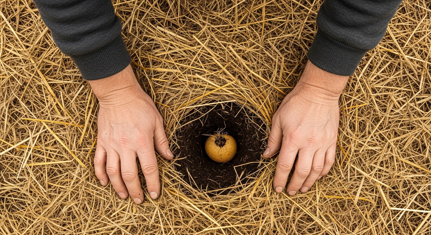 Hands pushing back golden hay mulch to reveal dark soil and place seed potatoes