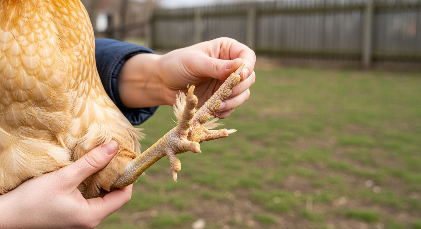 Salmon Faverolle feet close-up showing 5 toes and full leg feathering on a farmhouse perch