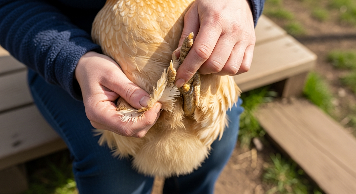 Person gently parting Salmon Faverolle leg feathers to inspect the foot pad during a weekly health check