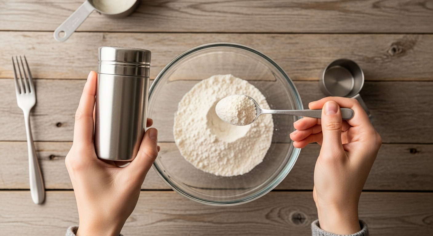 Hands spooning homemade scouring powder from a bowl into a stainless steel spice shaker